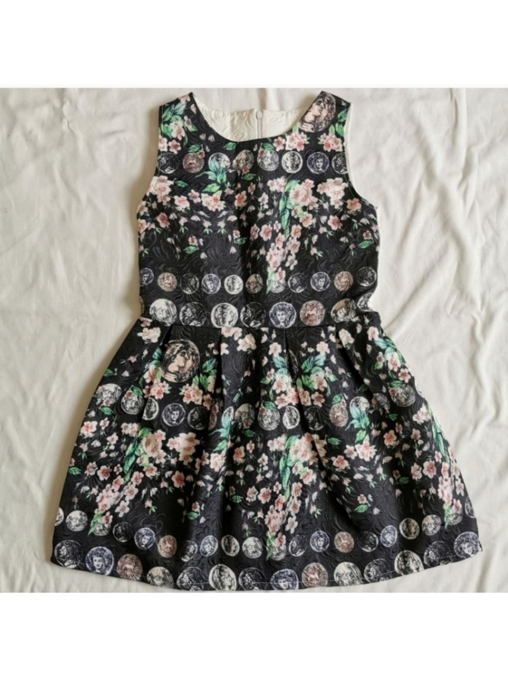 Coin & Floral Print Fit & Flare Mini Dress Party Jacquard Small